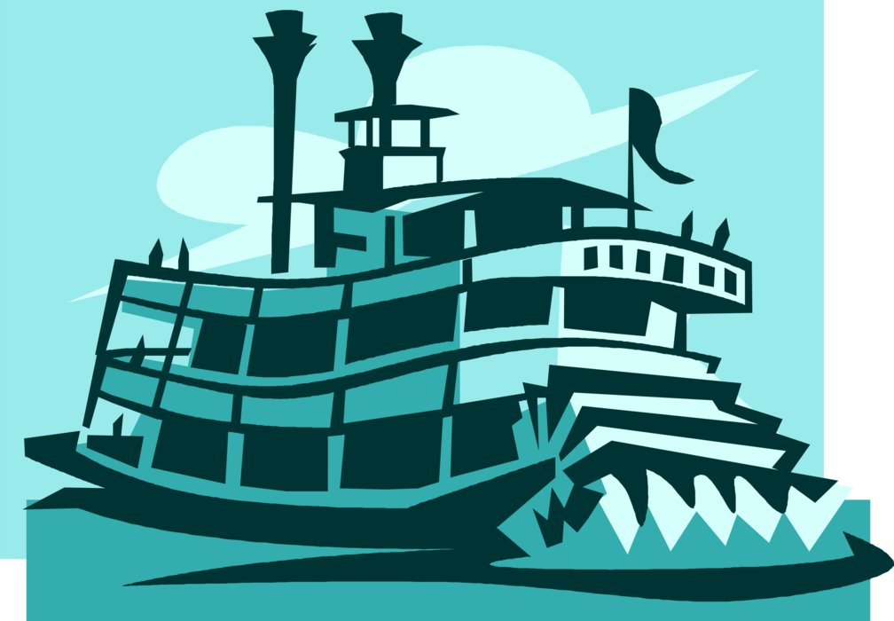 Vector Illustration of Mississippi Paddleboat or Paddle Steamship or Riverboat Powered Steam Engine