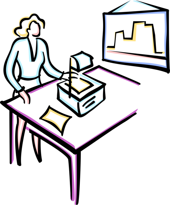 Vector Illustration of Businesswoman Delivers Presentation with Overhead Projector