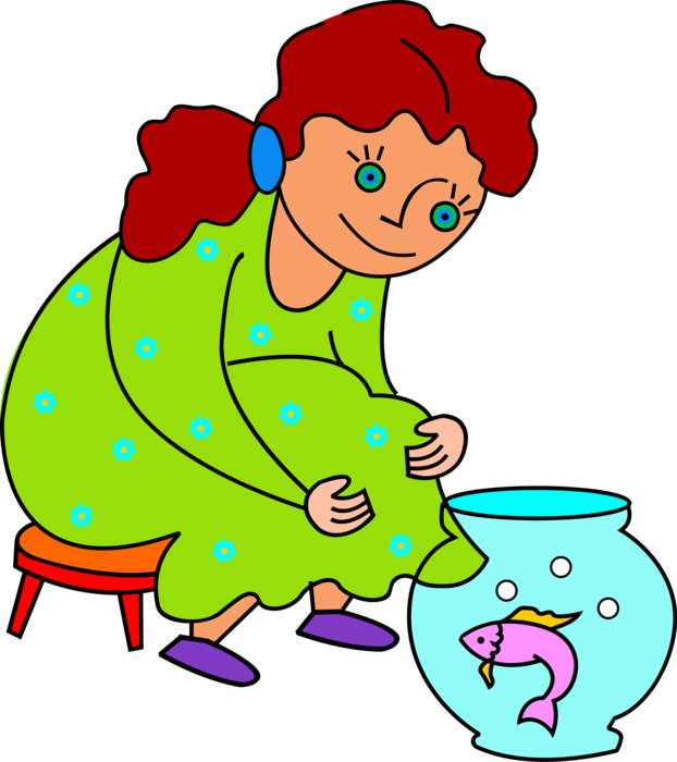 Vector Illustration of Girl Watches Tropical Fish in Fish Bowl