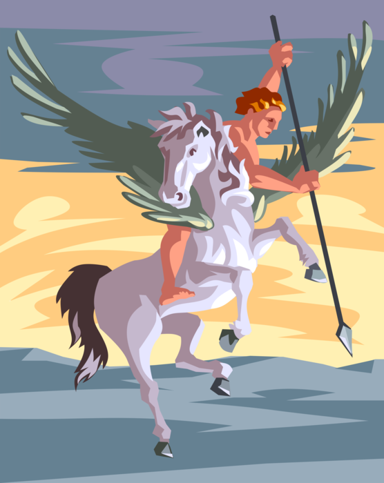Vector Illustration of Greek Mythology Pegasus Winged Divine Stallion Horse and Greek Hero Bellerophon