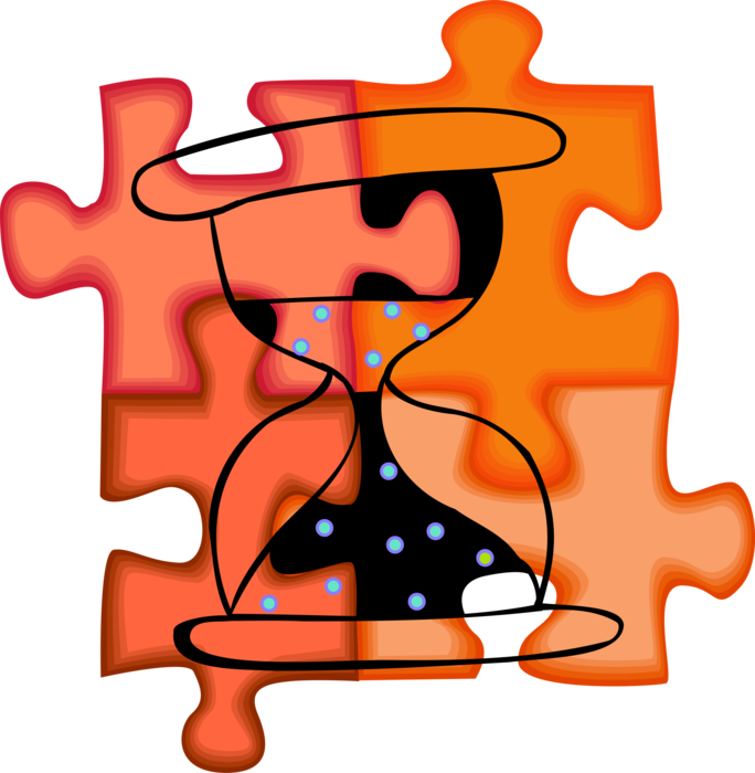 Vector Illustration of Hourglass or Sandglass, Measures Passage of Time Overlaid on Puzzle Pieces