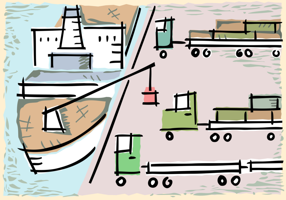Vector Illustration of Loading Dock with Sea Cargo Goods for Loading on Ship or Freighter Ship or Vessel