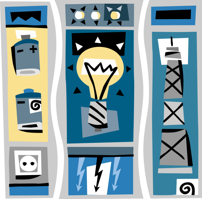 Vector Illustration of Light Bulb, Electricity, Energy Power Supply Batteries