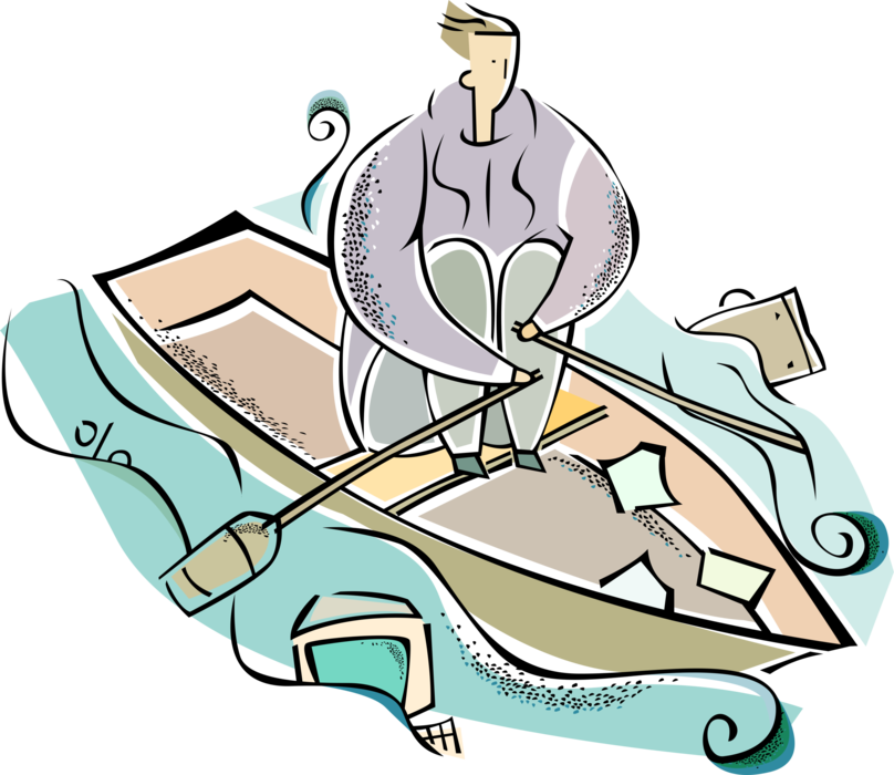 Vector Illustration of Rower Rowing Wooden Rowboat or Row Boat with Oars