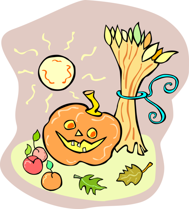 Vector Illustration of Halloween Jack-o'-Lantern Carved Pumpkin with Fall Harvest Wheat