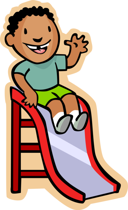 Vector Illustration of Primary or Elementary School Student Boy on Slide in Playground