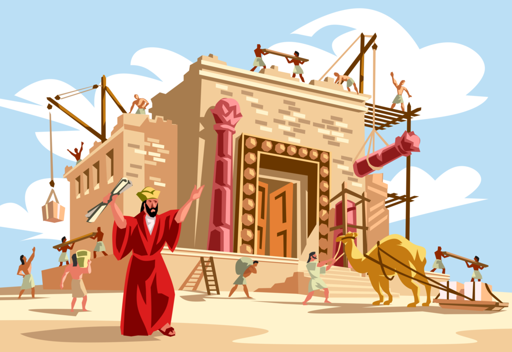 Vector Illustration of King Solomon of Israel Builds the Temple on Mount Moriah Biblical Story