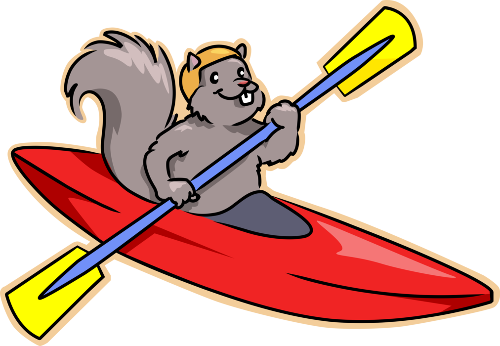 Vector Illustration of Kayaker Squirrel Enjoys Paddling Kayak on Summer Day of Kayaking