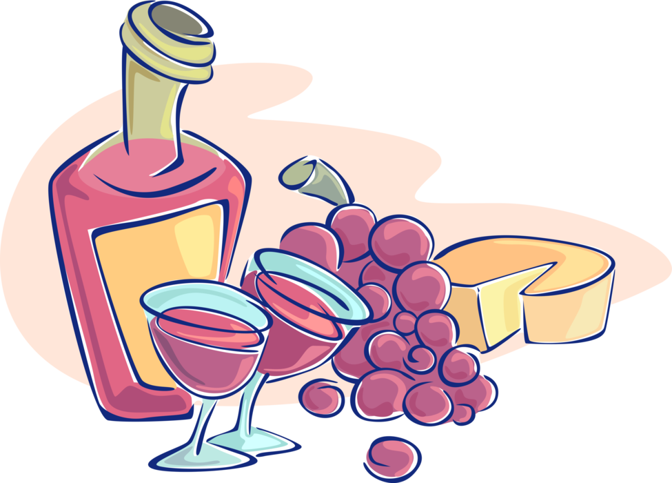Vector Illustration of Wine Bottle Alcohol Beverage and Glasses with Fruit Grapes and Dairy Cheese