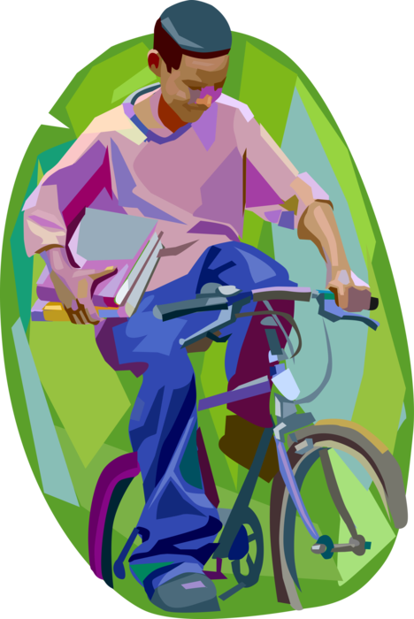 Vector Illustration of Student Rides Bicycle to School with Textbook Schoolbooks