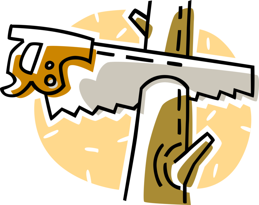 Vector Illustration of Hand Saw Cuts Tree Wood Log