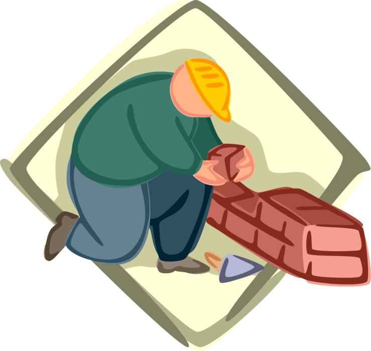 Vector Illustration of Mason Bricklayer Construction Worker Laying Masonry Bricks