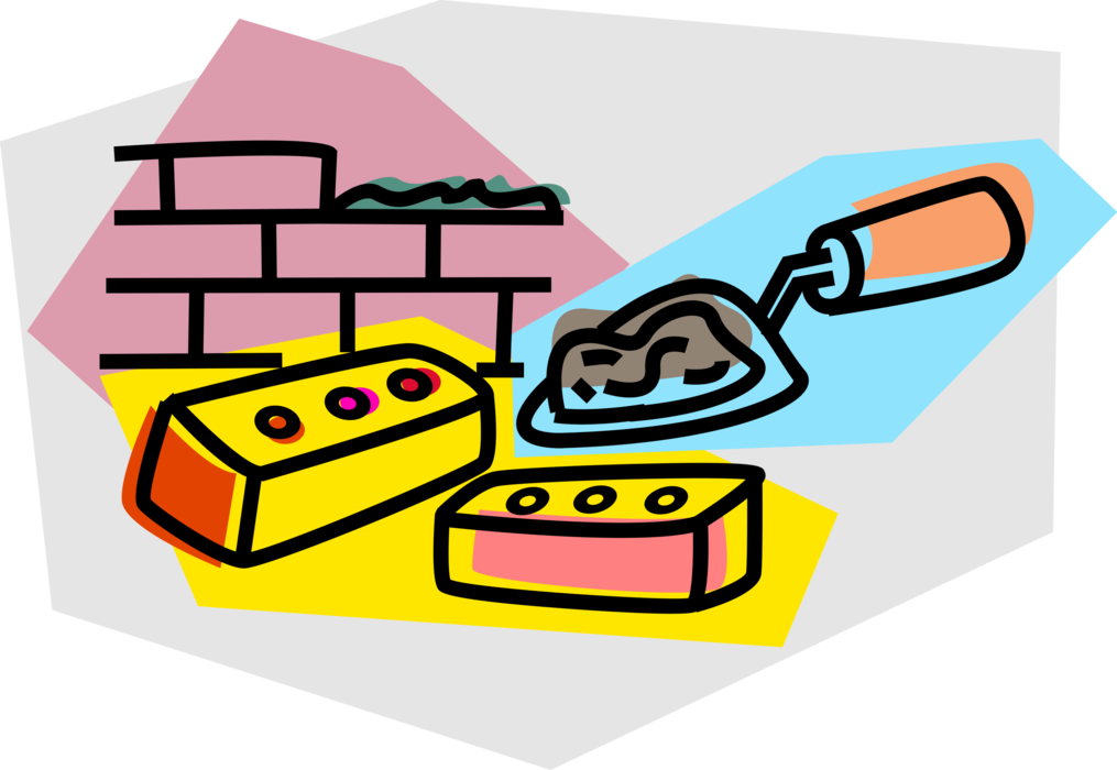 Vector Illustration of Mason Bricklayer Masonry Bricks with Trowel and Cement