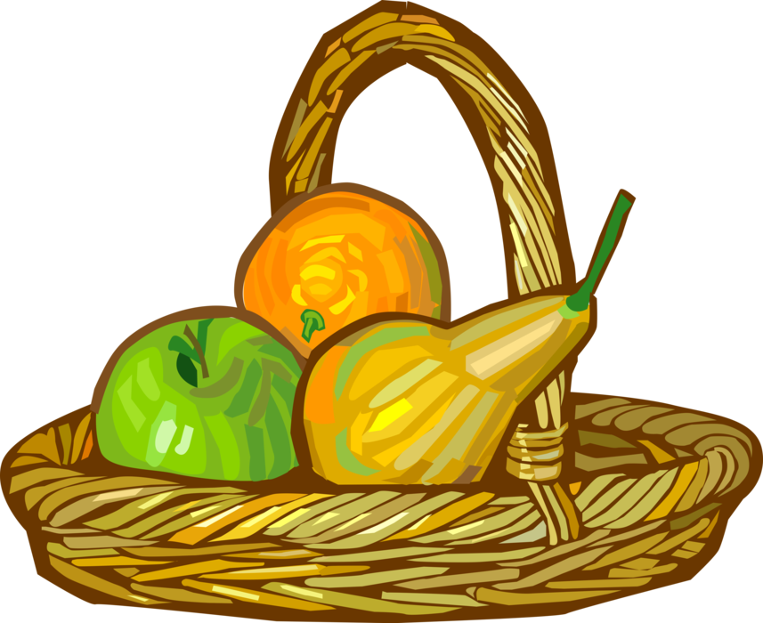 Vector Illustration of Wicker Basket of Fruit Apple, Orange and Pear