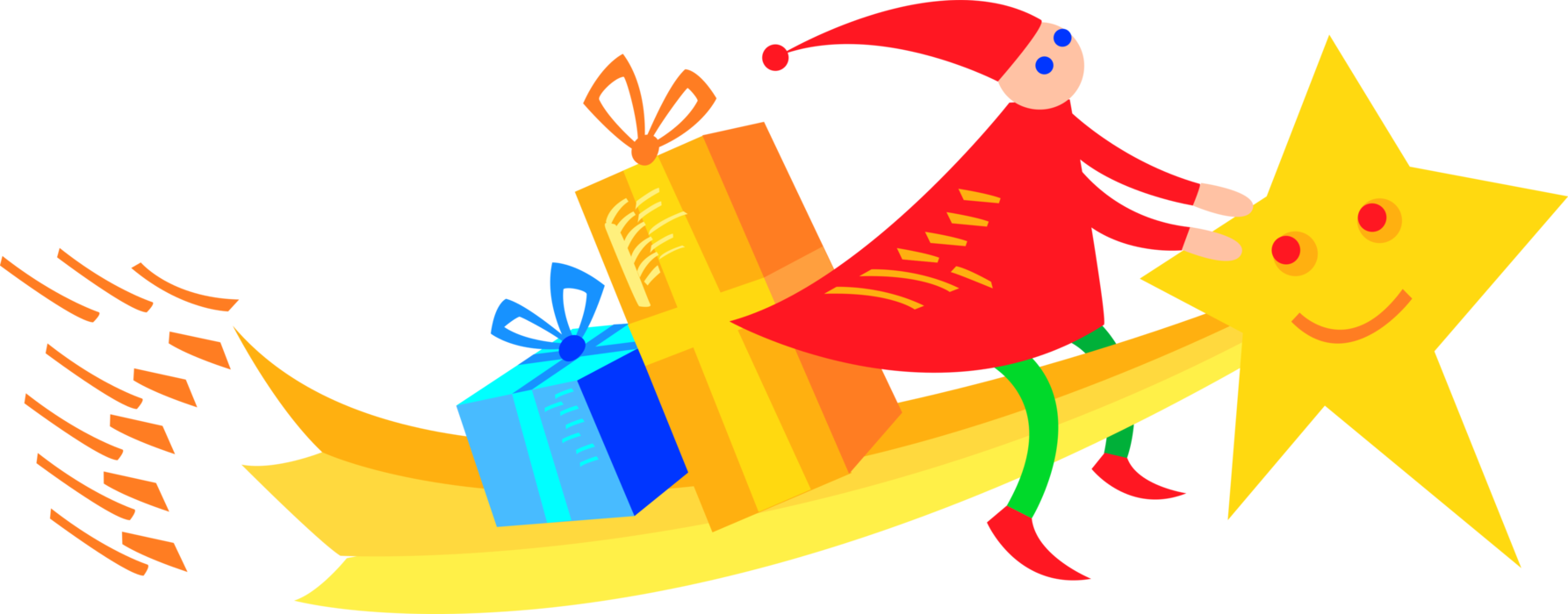 Vector Illustration of Festive Season Christmas Mythological Elf Creature Rides Shooting Star with Gift Wrapped Presents