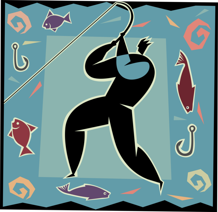 Vector Illustration of Sport Fisherman Angler Fishing Catches Fish