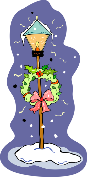 Vector Illustration of Urban Metropolitan City Streetlamp or Street Light with Christmas Wreath