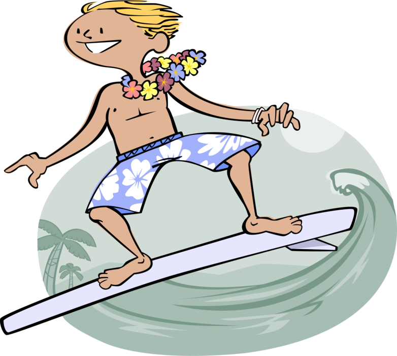Vector Illustration of Hawaiian Surfer Dude with Flower Leis Surfing the Waves on Surfboard