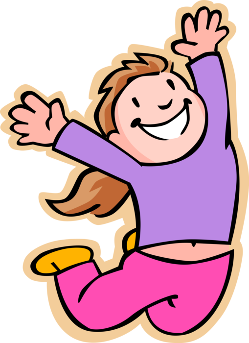 Vector Illustration of Primary or Elementary School Student Ecstatic Girl Jumping