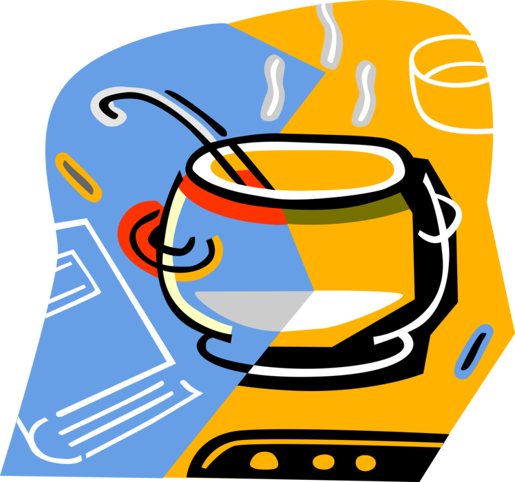 Vector Illustration of Soup Pot with Ladle Cooking on Stove in Kitchen