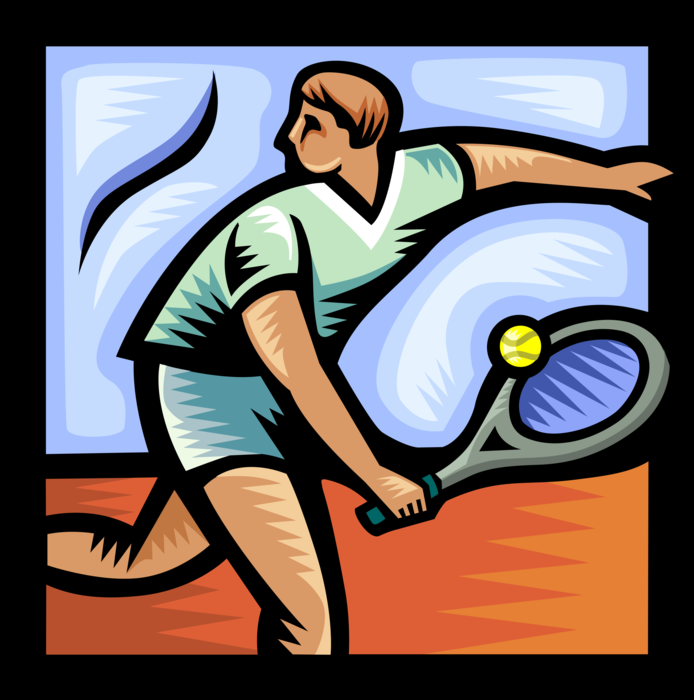 Vector Illustration of Tennis Player Hits Ball with Tennis Racket or Racquet on Tennis Court During Tennis Match