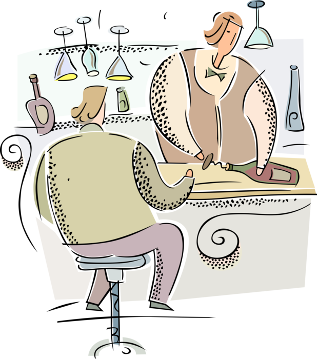 Vector Illustration of Barroom Bartender Serves Alcohol Beverage Wine at Barroom Tavern with Patron on Bar Stool