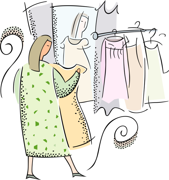 Vector Illustration of Customer Trying on Dress in Retail Clothing Apparel Store