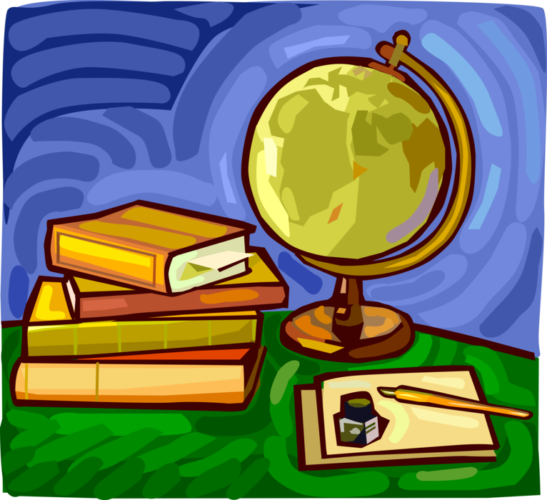 Vector Illustration of World Globe with Textbooks, Pen and Writing Pad
