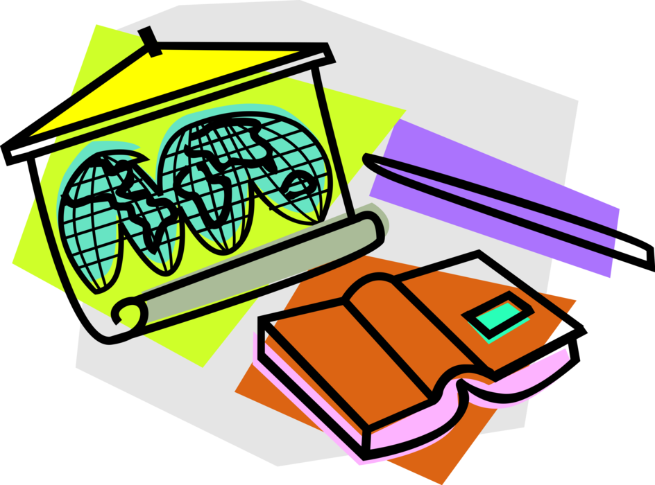 Vector Illustration of School Classroom Geography Project with World Map and Textbook