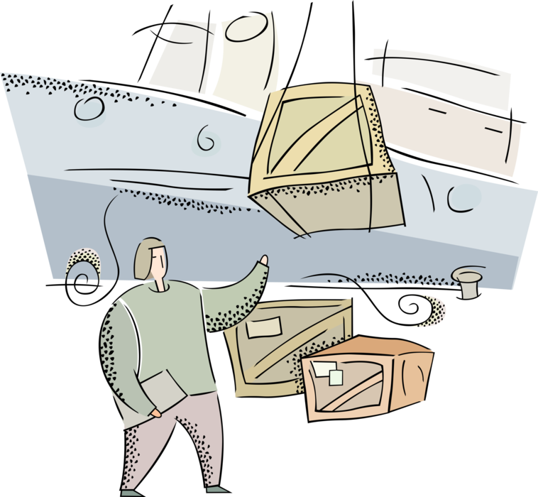 Vector Illustration of Unloading Cargo Ship or Freighter Ship or Vessel at Docks