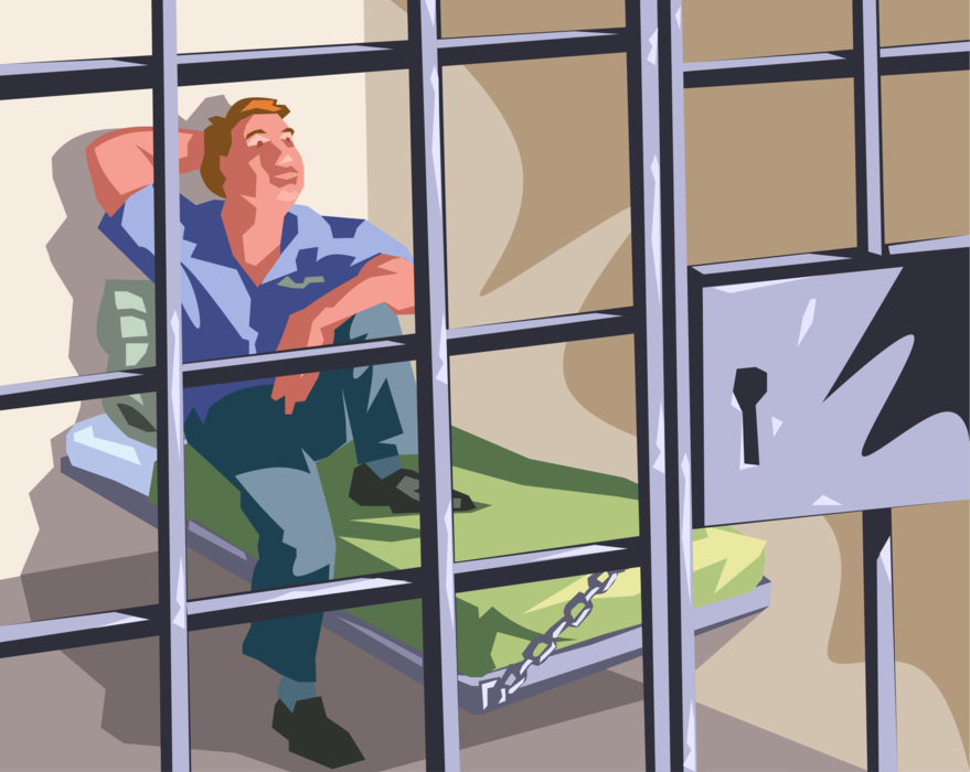Vector Illustration of Convicted Felon Prisoner Sits in Jail Cell Doing Time Behind Bars