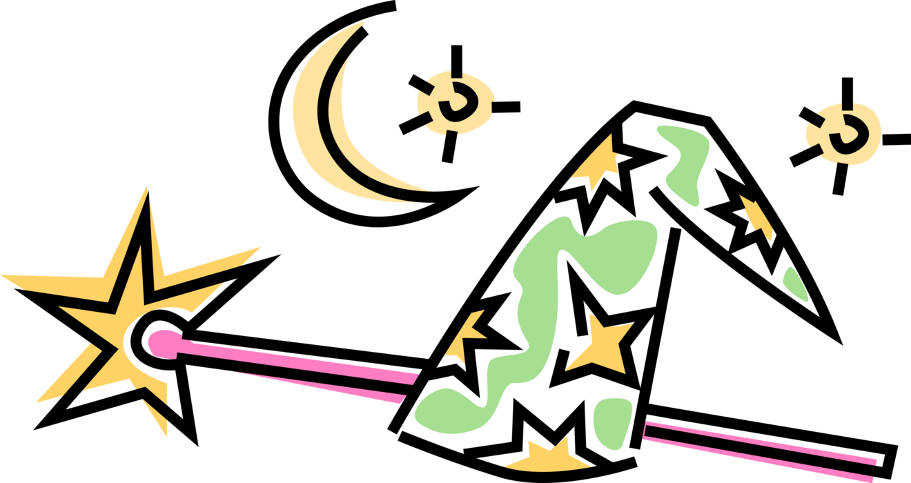 Vector Illustration of Sorcerer Magician's Hat and Magic Wand with Stars and Moon