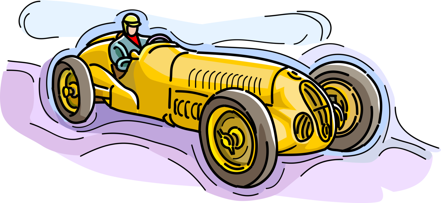 Vector Illustration of Vintage Race Motorist Driver in Convertible Racing Car Automobile Motor Vehicle