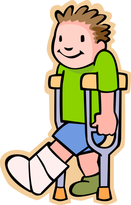 Vector Illustration of Primary or Elementary School Student Boy with Broken Leg in Cast with Crutches
