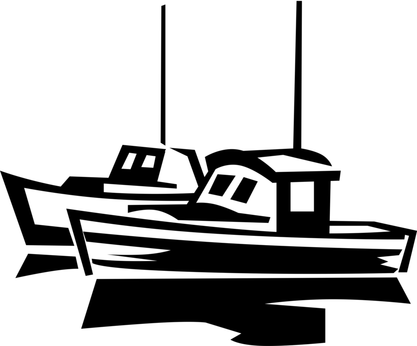 Vector Illustration of Fishing Boat Watercraft Vessels at Anchor in Harbor