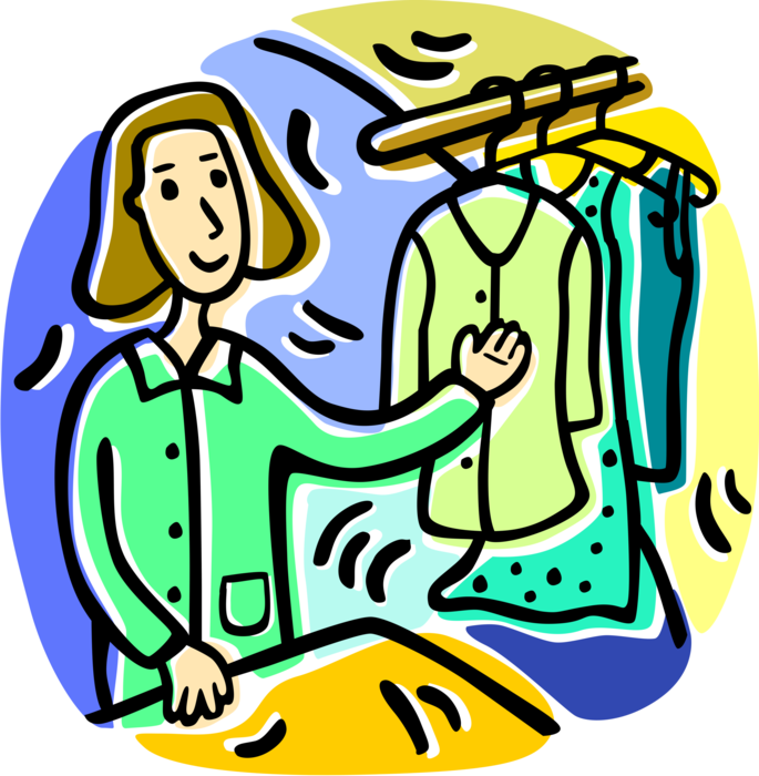 Vector Illustration of Clothing Apparel Clothes on Rack at Dry Cleaners