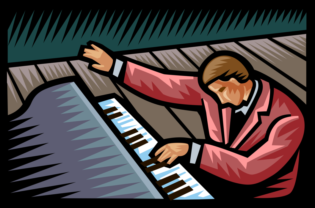 Vector Illustration of Concert Pianist Musician Plays Grand Piano Keyboard Musical Instrument