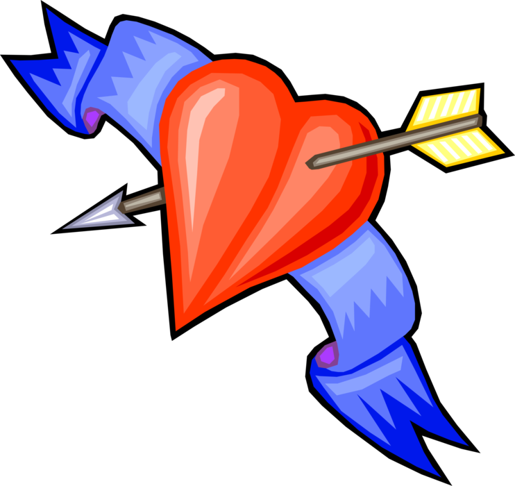 Vector Illustration of Valentine's Day Sentimental Love Heart Pierced by Archery Arrow with Ribbon Banner