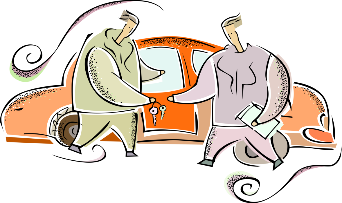 Vector Illustration of Car Salesman Hands Automobile Keys to New Motor Vehicle Car Owner in Showroom