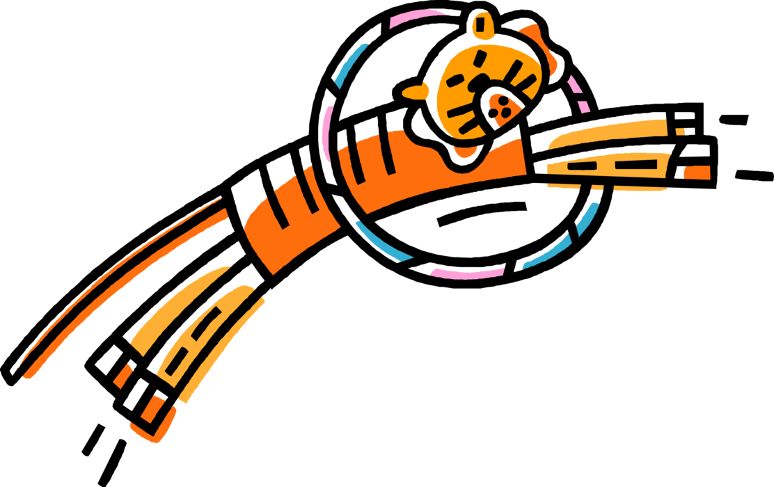 Vector Illustration of Big Top Circus Act Tiger Jumps Through Hoop