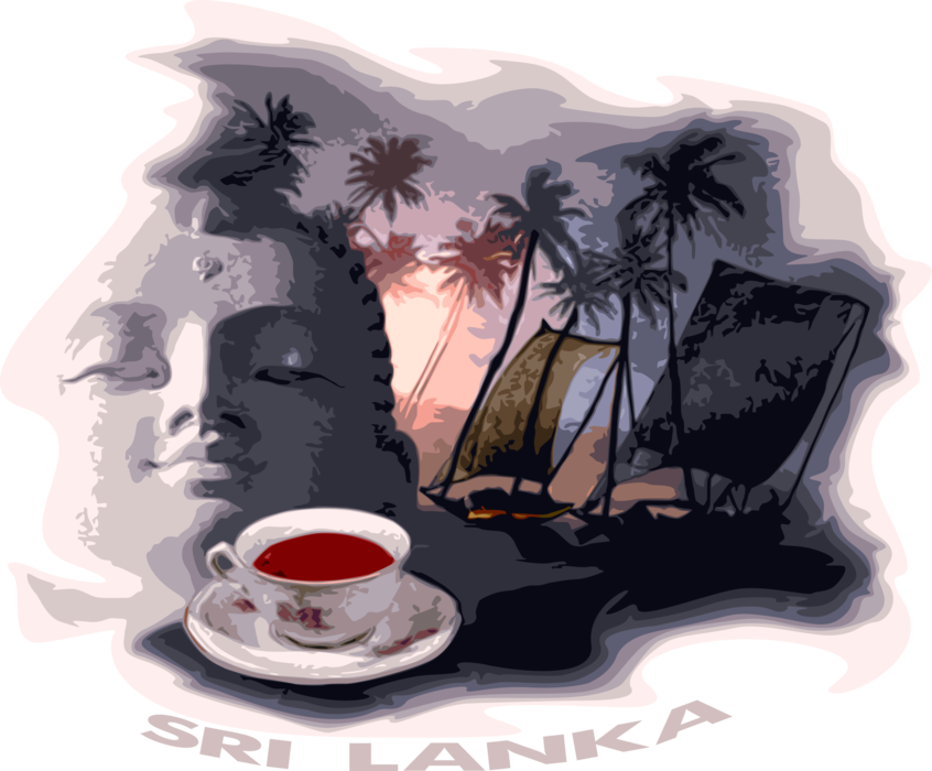 Vector Illustration of Sri Lanka Bhumisparsha Mudra Buddha Statue with Ceylon Tea and Resort Palm Trees