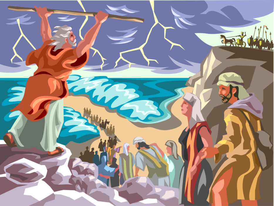 Vector Illustration of Book of Exodus Escape of Israelites as Moses Parts the Red Sea Biblical Story