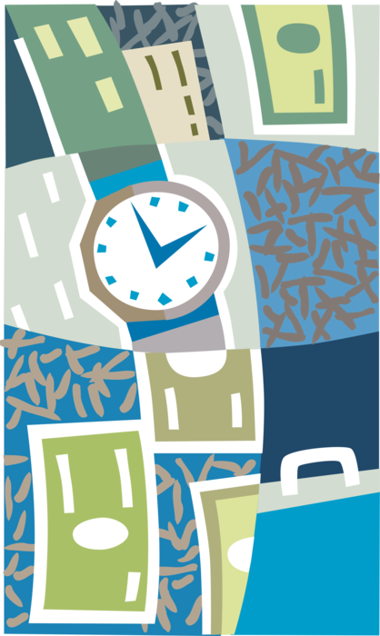 Vector Illustration of Wristwatch Timepiece Keeps Time with Business Financial Transactions