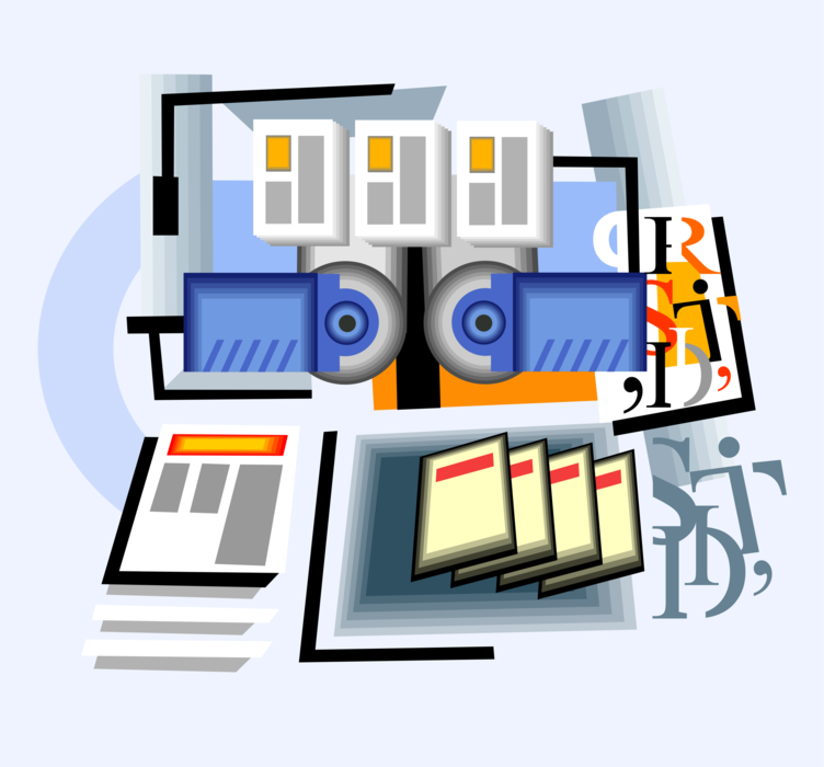 Vector Illustration of Printing Press Systems Print Newspaper, Books and Documents