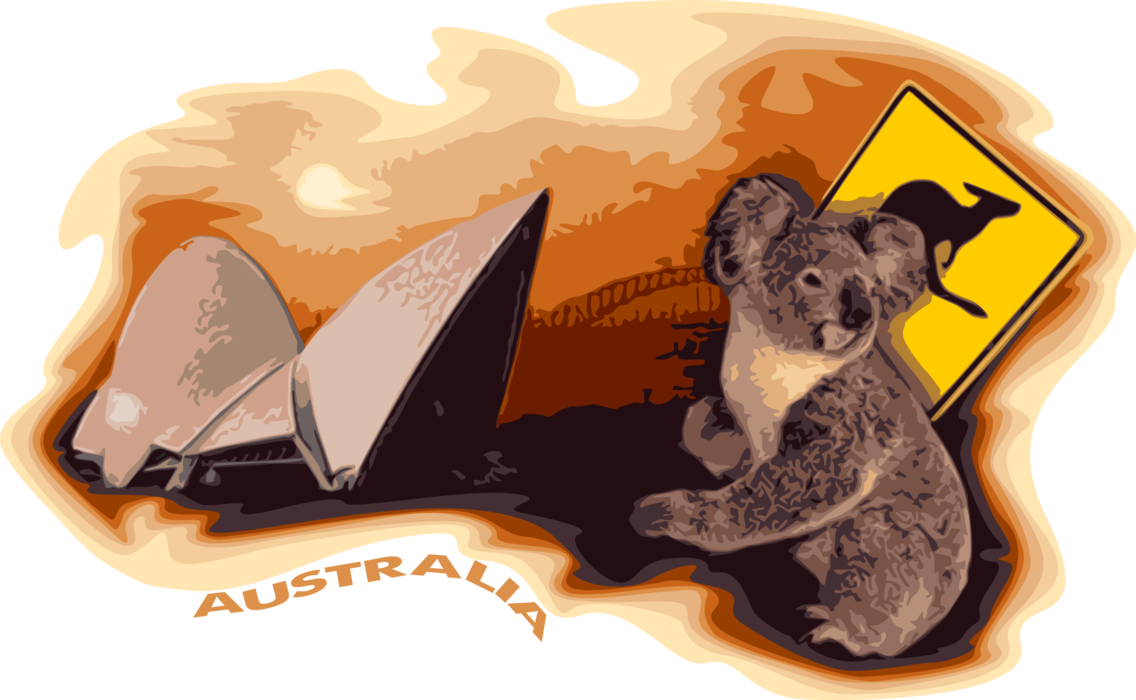 Vector Illustration of Australia Postcard Design Sydney Opera House with Koala Bear and Kangaroo Road Sign