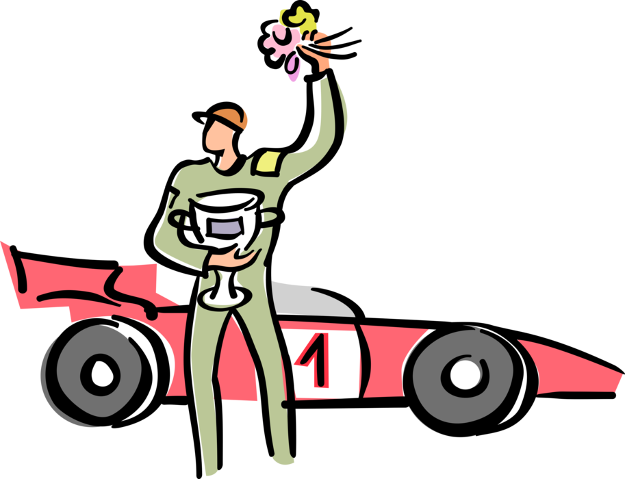 Vector Illustration of Motor Race Car Motorist Driver with Racing Car and Winner's Trophy