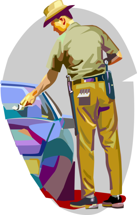 Vector Illustration of Law Enforcement Police Officer Issues Parking Ticket to Automobile Motor Vehicle Car