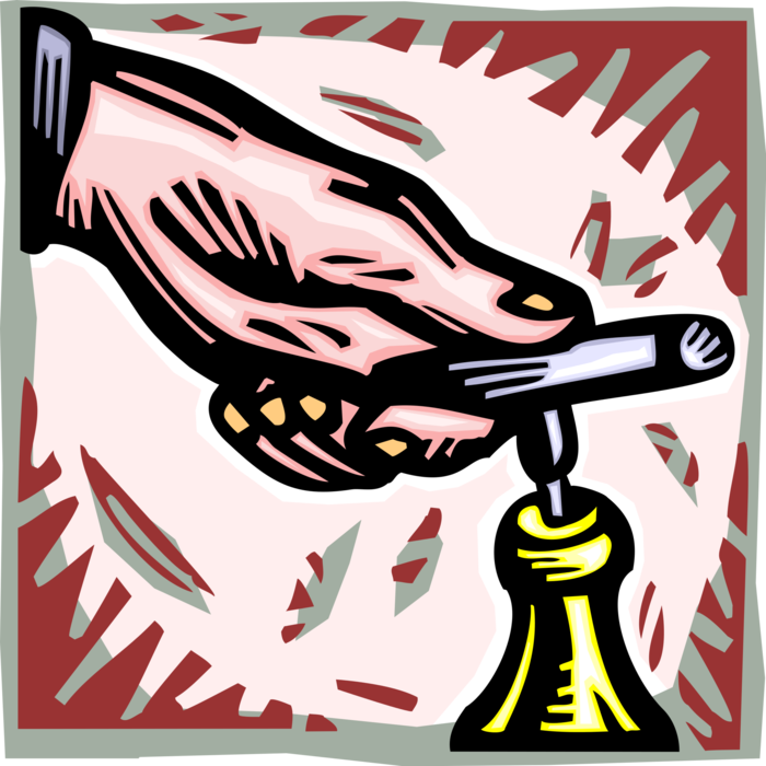 Vector Illustration of Hand Uses Corkscrew Tool to Remove Cork from Wine Bottle