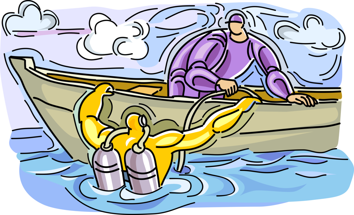 Vector Illustration of Scuba Diver and Boat Assistant Prepare for Dive in Water
