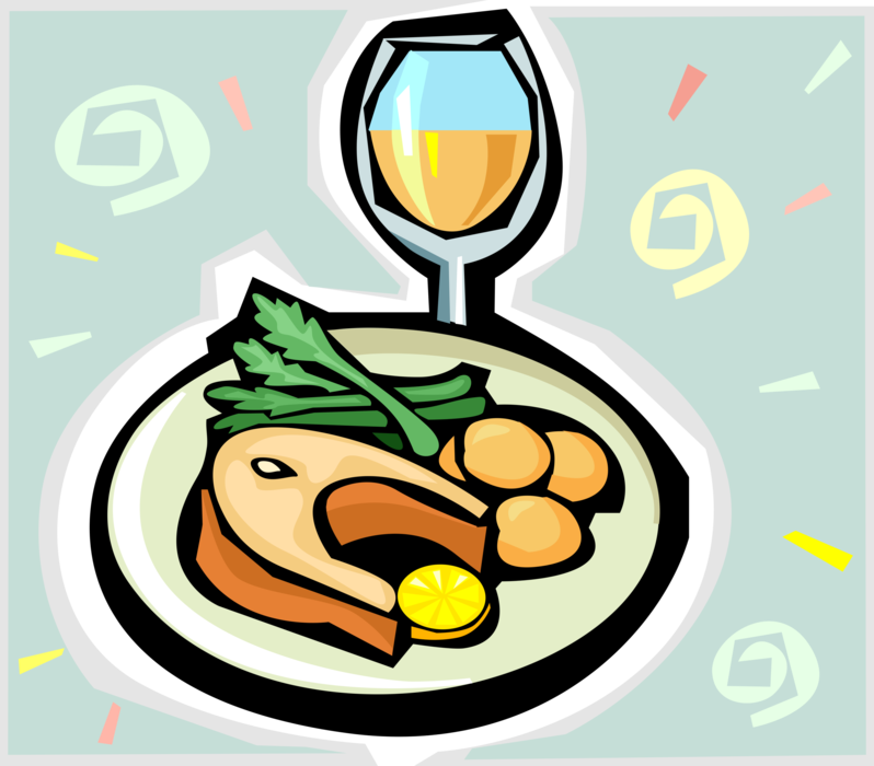 Vector Illustration of Salmon Fish Steak with Potatoes and Asparagus with White Wine